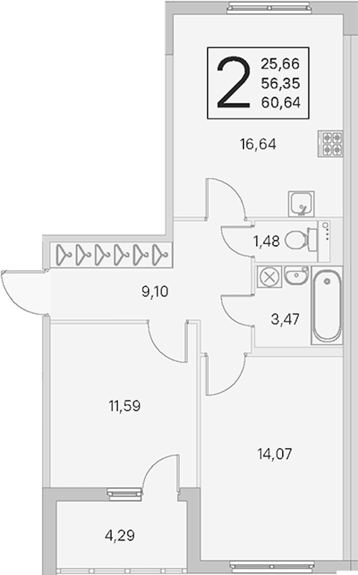 2-комнатная квартира 56.35 м², 2/4 эт., ЖК «Любоград в Стрельне»